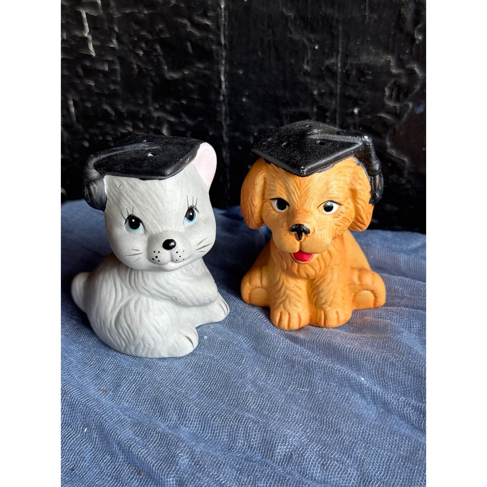 Vintage Graduation Cat & Dog Salt and Pepper Shakers Hand Painted Porcelain Set
